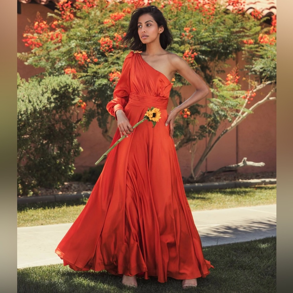 New Mac Duggal 67866 Ruched Waist One-Sleeve Dress -Deep Orange (Spice) size 10